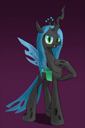 Size: 2197x3300 | Tagged: safe, artist:andergrin, imported from derpibooru, queen chrysalis, changeling, changeling queen, crown, fangs, female, jewelry, looking at you, regalia, solo