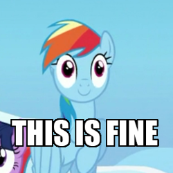 Size: 263x263 | Tagged: safe, edit, edited screencap, imported from derpibooru, screencap, rainbow dash, twilight sparkle, alicorn, pony, top bolt, caption, cropped, faic, image macro, meme, rainbow dash is best facemaker, reaction image, smiling, text, this is fine, thousand yard stare, twilight sparkle (alicorn)