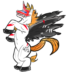 Size: 1522x1650 | Tagged: safe, artist:dyw14, imported from derpibooru, alicorn, pony, unimon, crossover, digimon, ponified, rearing, sharp teeth, simple background, solo, tattered wings, teeth, white background