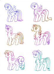 Size: 940x1292 | Tagged: safe, artist:shadowgirlfan, imported from derpibooru, applejack, fluttershy, pinkie pie, rainbow dash, rarity, twilight sparkle, g1, g4, g4 to g1, generation leap, gradient lineart, mane six