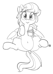 Size: 1280x1804 | Tagged: safe, artist:pabbley, imported from derpibooru, angel wings, pegasus, pony, top bolt, belly button, cute, dock, ear fluff, female, grayscale, legs in air, looking at you, mare, monochrome, on back, simple background, smiling, solo, white background