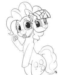 Size: 1280x1517 | Tagged: safe, artist:pabbley, imported from derpibooru, pinkie pie, twilight sparkle, earth pony, pony, 30 minute art challenge, bipedal, cute, diapinkes, faic, female, frog (hoof), grayscale, hoofbutt, lineart, mask, meme, monochrome, smirk, solo, starry eyes, tongue out, twiface, underhoof, waving, wingding eyes, wrong neighborhood