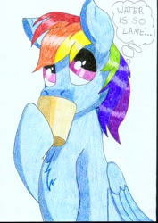 Size: 2459x3466 | Tagged: safe, artist:saxpony, imported from derpibooru, rainbow dash, female, mug, solo, thought bubble, traditional art, water