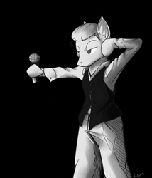 Size: 1200x1400 | Tagged: safe, artist:cheshiresdesires, imported from derpibooru, pony, bipedal, clothes, david bowie, grayscale, microphone, monochrome, ponified, solo