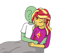 Size: 1015x736 | Tagged: safe, artist:zharkaer, imported from derpibooru, sunset shimmer, oc, oc:anon, equestria girls, blanket, clothes, cuddling, eyes closed, pajamas, simple background, smiling, snuggling, transparent background