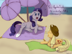 Size: 1280x960 | Tagged: safe, artist:causticeichor, imported from derpibooru, applejack, rarity, beach, floppy ears, summer, umbrella