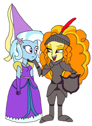 Size: 765x1044 | Tagged: safe, artist:ktd1993, imported from derpibooru, adagio dazzle, trixie, equestria girls, armor, bedroom eyes, clothes, dress, fantasy class, female, heart eyes, knight, lesbian, looking at each other, open mouth, princess, shipping, simple background, smiling, transparent background, triagio, warrior, wingding eyes