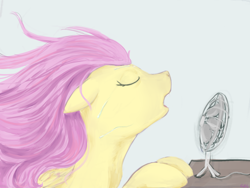 Size: 1280x960 | Tagged: safe, artist:causticeichor, imported from derpibooru, fluttershy, bust, eyes closed, fan, female, hot, open mouth, solo, summer, windswept mane