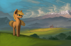 Size: 1920x1242 | Tagged: safe, artist:rain-gear, imported from derpibooru, applejack, earth pony, pony, farm, female, mare, missing accessory, missing cutie mark, mountain, scenery, solo