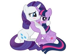 Size: 2400x1800 | Tagged: safe, artist:astrumspark, imported from derpibooru, rarity, twilight sparkle, alicorn, pony, unicorn, blushing, cute, female, hug, lesbian, rarilight, shipping, simple background, snuggling, transparent background, twilight sparkle (alicorn), vector