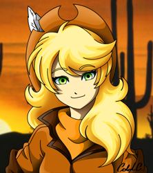 Size: 1915x2160 | Tagged: safe, artist:ciderpunk, derpibooru exclusive, imported from derpibooru, oc, oc only, oc:applesunrise, human, blonde, bust, clothes, desert, hat, humanized, humanized oc, not applejack, portrait, scarf, solo, sunrise, western