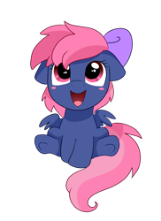 Size: 2550x3509 | Tagged: safe, artist:pridark, imported from derpibooru, oc, oc only, oc:ribbon moon, earth pony, pegasus, pony, 2018 community collab, derpibooru community collaboration, blush sticker, blushing, bow, cute, female, filly, floppy ears, hair bow, looking up, ocbetes, open mouth, simple background, sitting, smiling, solo, transparent background