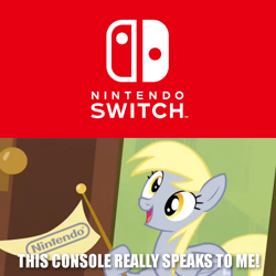 Size: 844x844 | Tagged: safe, imported from derpibooru, derpy hooves, pegasus, pony, rainbow falls, derpy's flag, female, image macro, logo, mare, meme, nintendo, nintendo switch, solo