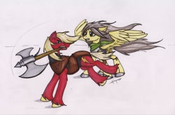 Size: 2443x1603 | Tagged: safe, artist:shikogo, imported from derpibooru, oc, oc only, oc:radiant resplendence, oc:thunder storm, earth pony, pegasus, pony, ponyfinder, armor, axe, barbarian, cleric, clothes, dungeons and dragons, duo, pathfinder, pen and paper rpg, rpg, scarf, traditional art, unshorn fetlocks, weapon