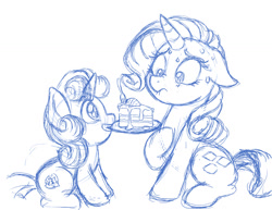 Size: 1280x989 | Tagged: safe, artist:latecustomer, imported from derpibooru, rarity, sweetie belle, cake, cute, cutie mark, eyes on the prize, floppy ears, food, grin, mouth hold, nervous, rarity looking at food, sitting, sketch, smiling, sweat, the cmc's cutie marks, wide eyes