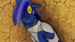 Size: 856x479 | Tagged: safe, artist:freeformedto, imported from derpibooru, oc, oc only, oc:free form, pony, unicorn, arabian pony, fangs, imminent death, impending doom, jewelry, necklace, scared, shadhavar, shocked, solo