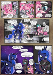 Size: 1363x1920 | Tagged: safe, artist:pencils, imported from derpibooru, fluttershy, limestone pie, maud pie, pinkie pie, princess celestia, princess luna, spike, oc, oc:anon, oc:fannie noveau, oc:mascara maroon, oc:moonglow twinkle, alicorn, dragon, earth pony, human, pegasus, pony, satyr, unicorn, comic:anon's pie adventure, blushing, boop, butt, butthug, clothes, comic, crown, cute, daaaaaaaaaaaw, dock, drunk, drunkie pie, female, go home you're drunk, horseshoes, hug, human male, jewelry, male, mare, moonbutt, necklace, noseboop, pants, partial color, pencils is trying to murder us, plot, prehensile mane, regalia, shirt, sitting, tanktop, teleportation