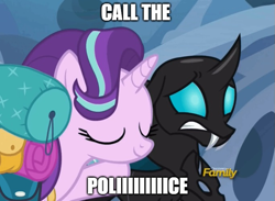 Size: 683x500 | Tagged: safe, edit, edited screencap, imported from derpibooru, screencap, starlight glimmer, thorax, season 6, to where and back again, call the police, caption, discovery family logo, ren and stimpy