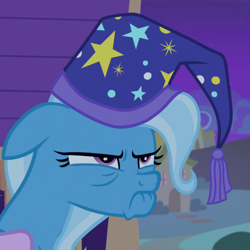 Size: 815x815 | Tagged: safe, imported from derpibooru, screencap, trixie, pony, to where and back again, cropped, faic, female, floppy ears, frown, glare, grumpy, hat, lip bite, mare, nightcap, solo, trixie's nightcap