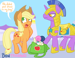 Size: 800x622 | Tagged: safe, artist:atlur, deleted from derpibooru, imported from derpibooru, applejack, bon bon, sweetie drops, bonafied, bonpun, contraband, dialogue, i didn't put those in my bag, liarjack, nose wrinkle, pun, role reversal, royal guard, saddle bag, speech bubble, unamused