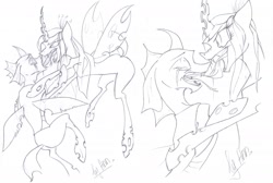 Size: 2048x1376 | Tagged: safe, artist:byannss, imported from derpibooru, queen chrysalis, thorax, to where and back again, changeling feeding, crying, monochrome