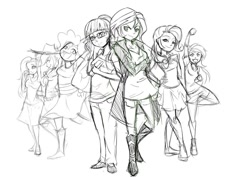 Size: 922x651 | Tagged: safe, artist:drakenichols1, imported from derpibooru, applejack, fluttershy, pinkie pie, rainbow dash, rarity, sci-twi, sunset shimmer, twilight sparkle, equestria girls, humane five, humane seven, humane six, legs, monochrome, sketch