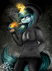 Size: 1024x1396 | Tagged: safe, artist:bunnzee, imported from derpibooru, oc, oc only, anthro, unicorn, cigarette, clothes, fire, hoodie, magic, pyromancy, smoking, solo
