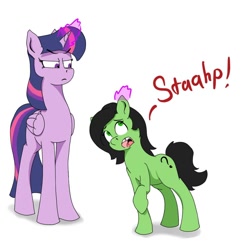 Size: 1050x1024 | Tagged: safe, artist:crownhound, imported from derpibooru, twilight sparkle, oc, oc:anonfilly, alicorn, pony, dialogue, ear pull, female, filly, imminent punishment, simple background, stahp, tooth gap, twilight sparkle (alicorn), white background