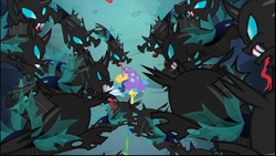 Size: 1024x576 | Tagged: safe, imported from derpibooru, screencap, trixie, changeling, pony, unicorn, to where and back again, changeling swarm, clothes, female, hat, mare, swarm, trixie's hat, wizard hat