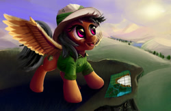 Size: 2000x1300 | Tagged: safe, artist:xbi, imported from derpibooru, daring do, pony, female, map, scenery, sky, solo, spread wings, tabun art-battle finished after