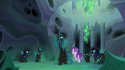 Size: 960x540 | Tagged: safe, imported from derpibooru, screencap, queen chrysalis, starlight glimmer, thorax, changeling, changeling queen, to where and back again, animated, changeling guard, changeling hive, disguise, disguised changeling, fake starlight glimmer, female, gif, walking