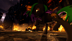Size: 1920x1080 | Tagged: safe, artist:bluemoon2343, artist:flutternom, imported from derpibooru, oc, oc only, oc:frenzy nuke, pony, unicorn, 3d, angry, aura, burning city, fire, looking at you, magic, ruins, source filmmaker