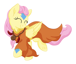 Size: 1844x1564 | Tagged: safe, artist:ruushiicz, imported from derpibooru, fluttershy, avatar the last airbender, avatar yangchen, clothes, crossover, cute, eyes closed, female, head turn, jewelry, necklace, robe, shyabetes, simple background, smiling, solo, transparent background, turned head, walking, yangchen