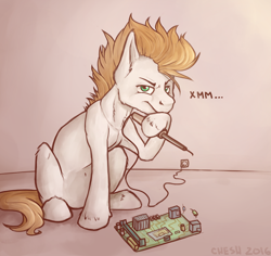 Size: 1280x1208 | Tagged: safe, artist:cheshchesh, imported from derpibooru, oc, oc only, pony, circuit board, looking at you, russian, sitting, soldering iron, solo, technology, unshorn fetlocks