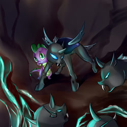 Size: 2000x2000 | Tagged: safe, artist:juliagoldfox, imported from derpibooru, spike, thorax, changeling, protecting