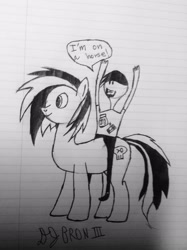Size: 1936x2592 | Tagged: safe, artist:djbroniii, imported from derpibooru, oc, oc only, oc:smartass pone, black and white, dialogue, duo, grayscale, lined paper, monochrome, peanutbuttergamer, text, traditional art