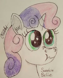 Size: 777x960 | Tagged: safe, artist:rapidsnap, imported from derpibooru, sweetie belle, pony, unicorn, bust, female, portrait, scrunchy face, solo, traditional art