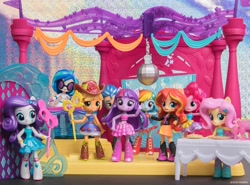 Size: 1080x801 | Tagged: safe, imported from derpibooru, applejack, dj pon-3, flash sentry, fluttershy, pinkie pie, rainbow dash, rarity, sunset shimmer, twilight sparkle, vinyl scratch, equestria girls, chibi, disco ball, doll, equestria girls minis, irl, mane six, official, photo, playset, toy