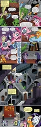 Size: 651x2000 | Tagged: safe, edit, idw, imported from derpibooru, applejack, fluttershy, pinkie pie, rainbow dash, rarity, twilight sparkle, earth pony, goo, pegasus, pony, unicorn, comic:friendship is dragons, spoiler:comic, chrono chrys, clothes, comic, costume, female, flying, frown, hat, looking up, mane six, mare, onomatopoeia, pinkie costume, pony costume, scared, text edit, unicorn twilight