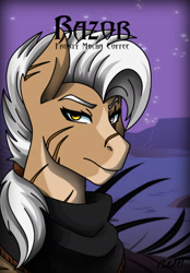 Size: 1280x1837 | Tagged: safe, artist:ciderpunk, derpibooru exclusive, imported from derpibooru, oc, oc only, oc:frostymochacoffee, blind eye, bust, clothes, desert, poncho, portrait, scar, solo