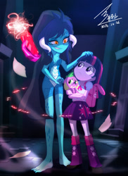 Size: 900x1235 | Tagged: safe, artist:bluse, imported from derpibooru, princess ember, spike, twilight sparkle, dog, dragon, human, equestria girls, backpack, bag, barefoot, belly button, bloodstone scepter, boots, breasts, cleavage, clothes, dragon lord ember, duo, equestria girls-ified, feet, female, high heel boots, incorrect hand anatomy, leg warmers, magic, scared, show accurate, signature, skirt, spike the dog, younger