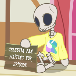 Size: 1730x1718 | Tagged: safe, artist:badumsquish, derpibooru exclusive, imported from derpibooru, princess celestia, pony, bone, clothes, dead, derail in the comments, female, hilarious in hindsight, shirt, sign, skeleton, solo, t-shirt, waiting