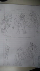 Size: 670x1191 | Tagged: safe, artist:supahdonarudo, imported from derpibooru, fluttershy, pinkie pie, princess celestia, princess luna, rarity, parasprite, buff, drawing, dream, heart eyes, lined paper, muscles, ronald mcdonald, thought bubble, traditional art, waluigi, wingding eyes