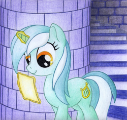 Size: 1311x1242 | Tagged: safe, artist:legeden, imported from derpibooru, lyra heartstrings, pony, unicorn, female, magic, paper, smiling, solo, stairs, telekinesis, traditional art