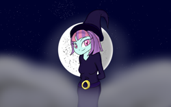 Size: 1920x1200 | Tagged: safe, artist:mildockart, imported from derpibooru, sunny flare, equestria girls, clothes, female, full moon, hat, moon, night sky, solo, stars, witch, witch hat