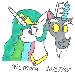 Size: 712x744 | Tagged: safe, artist:cmara, imported from derpibooru, discord, princess celestia, traditional art