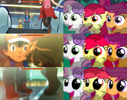 Size: 1785x1410 | Tagged: safe, artist:steghost, edit, edited screencap, imported from derpibooru, screencap, apple bloom, scootaloo, sweetie belle, dedenne, pikachu, hearts and hooves day (episode), airport, anime, apple bloom the shipper, ash ketchum, bonnie, bonnie (pokémon), clemont, clothes, crossover, cutie mark crusaders, cutie ship crusaders, escalator, hearts and hooves day, kissing, pokémon, pokémon x and y, running, scootaloo the shipper, serena (pokemon), serena (pokémon), shipper on deck, shoes, smiling, spoilers for another series, sweetie the shipper