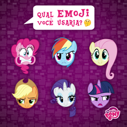 Size: 800x800 | Tagged: safe, imported from derpibooru, applejack, fluttershy, pinkie pie, rainbow dash, rarity, twilight sparkle, emoji, frown, lidded eyes, looking at you, looking sideways, mane six, my little pony logo, official, open mouth, portuguese, smiling, translated in the comments