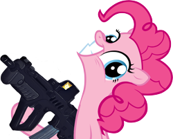 Size: 2452x1975 | Tagged: safe, artist:evilbob0, imported from derpibooru, pinkie pie, assault rifle, equestria is doomed, female, gun, imi tavor, rifle, simple background, slasher smile, solo, tar-21, transparent background, weapon, xk-class end-of-the-world scenario