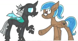 Size: 1159x612 | Tagged: safe, artist:cmara, imported from derpibooru, thorax, oc, oc:carly, changeling, earth pony, pony, traditional art